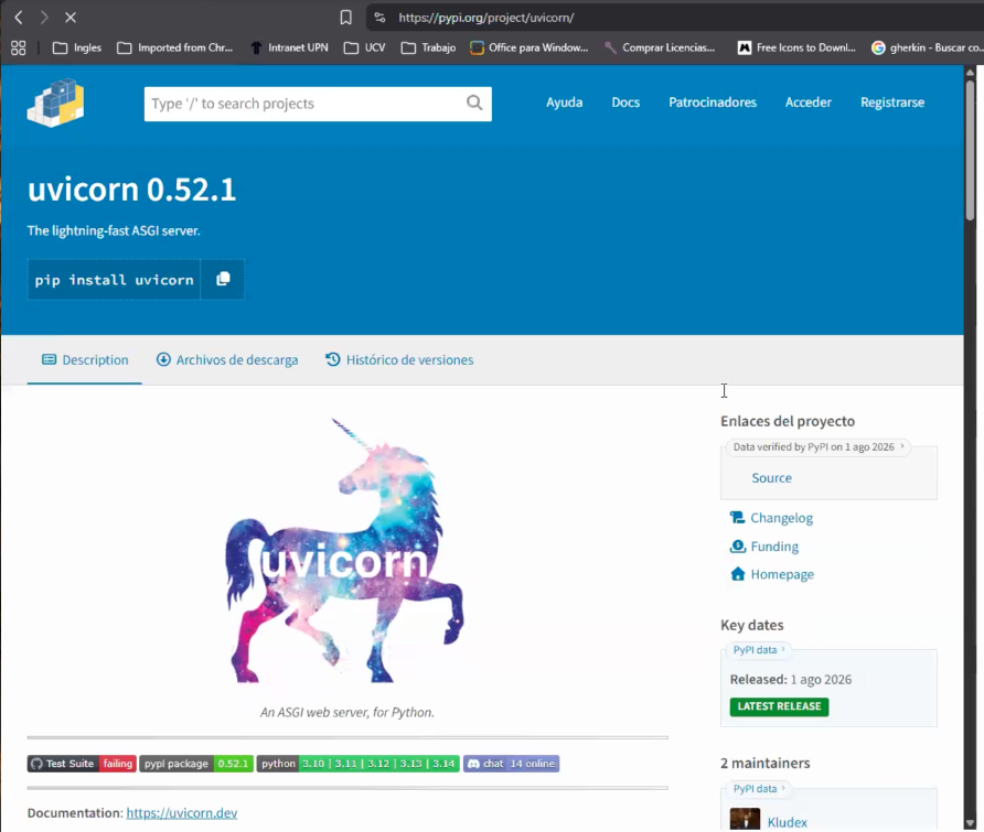 Página de Uvicorn en PyPI: "uvicorn — The lightning-fast ASGI server", con el comando pip install uvicorn y el link a la documentación oficial uvicorn.dev