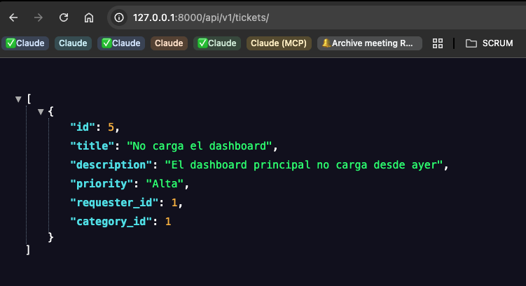 Navegador en 127.0.0.1:8000/api/v1/tickets/ mostrando la respuesta JSON: una lista con un ticket, con id, title, description, priority, requester_id y category_id