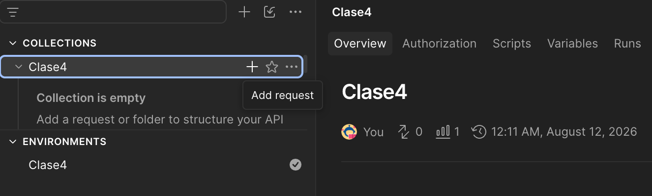 Postman: colección Clase4 vacía, con el tooltip Add request visible sobre el ícono +