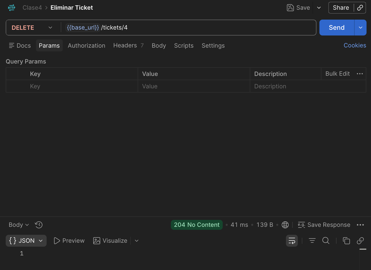 Postman: DELETE Eliminar Ticket a tickets/4, respuesta 204 No Content