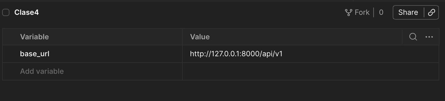 Postman: editor del Environment "Clase4" con la variable base_url cargada, valor http://127.0.0.1:8000/api/v1