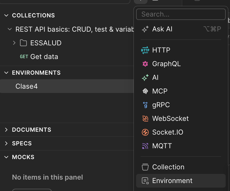 Postman: menú "+" de la barra lateral con la opción Environment resaltada, y a la izquierda la colección "REST API basics" con la petición GET Get data, y el Environment "Clase4" ya creado