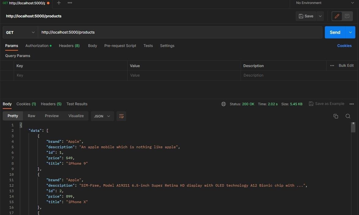 Postman: petición GET a http://localhost:5000/products, respuesta 200 OK en 2.02 s con un JSON {"data": [...]} listando productos con id, title, brand, price y description, obtenidos de dummyjson.com
