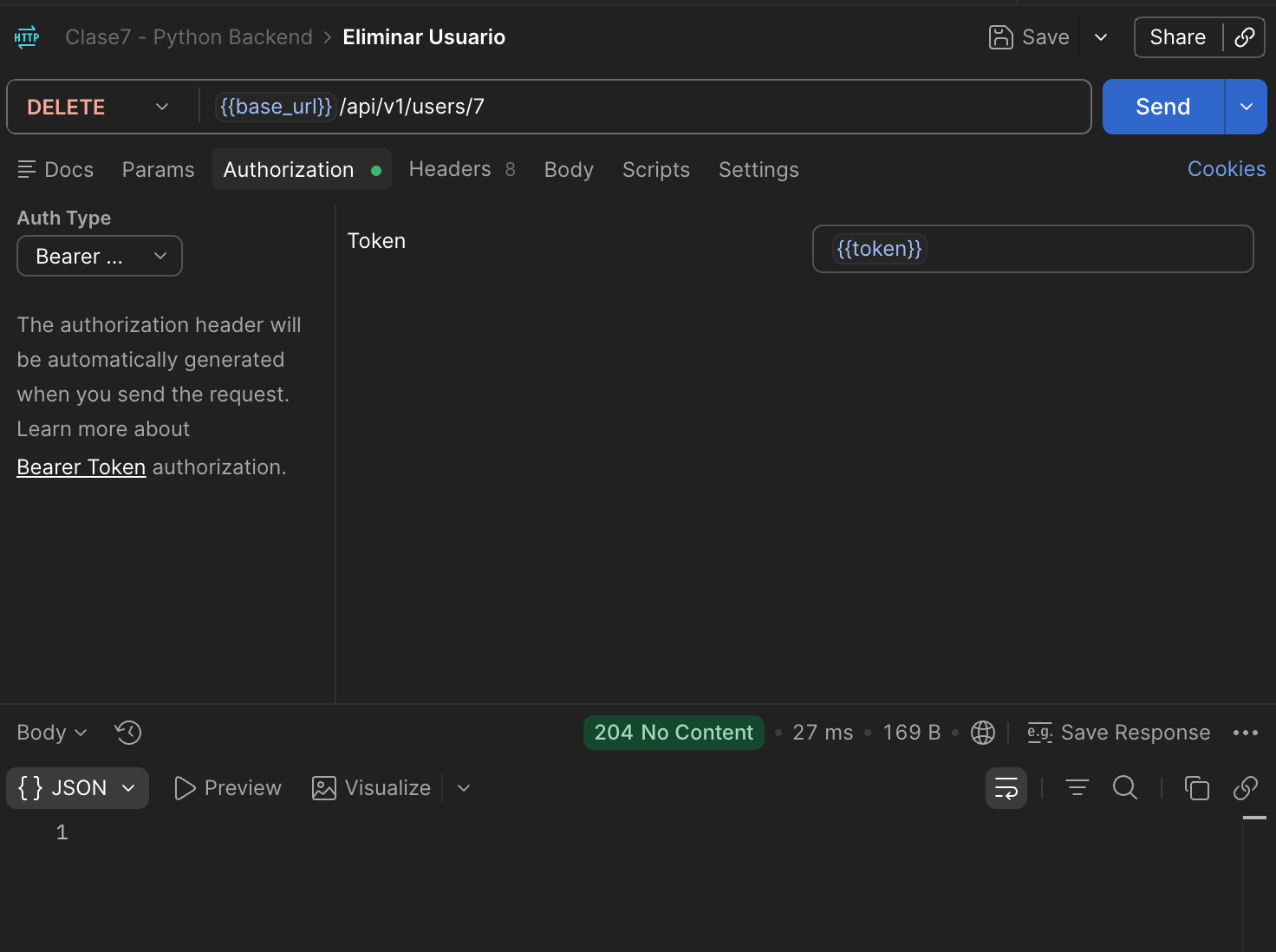 Request DELETE /api/v1/users/7 con Bearer Token, respuesta 204 No Content sin body