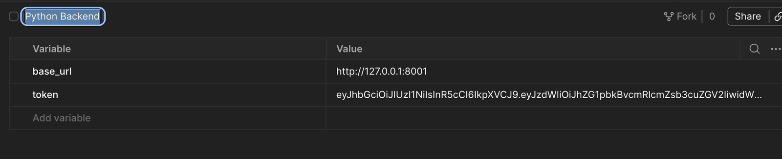Environment de Postman con base_url en el puerto 8001, apuntando directo a users_service