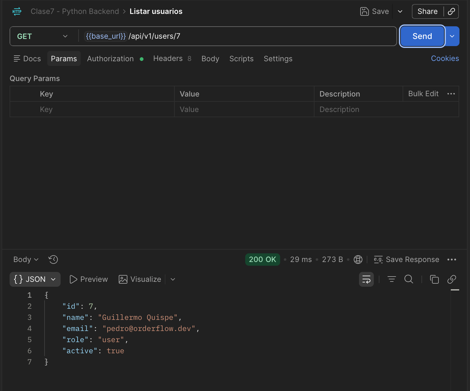 Request GET /api/v1/users/7 después del PATCH, respuesta 200 OK confirmando que el name sigue siendo "Guillermo Quispe"