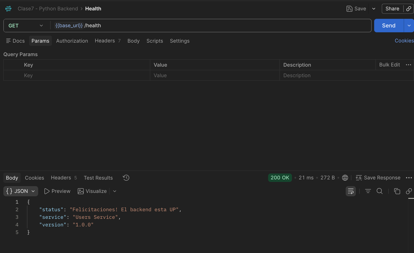 Respuesta 200 OK de GET /health directo a users_service, con status personalizado "Felicitaciones! El backend esta UP"