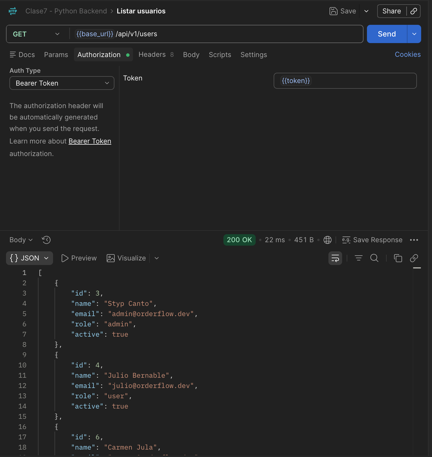 Request GET /api/v1/users con Auth Type Bearer Token {{token}}, respuesta 200 OK con la lista completa de los 3 usuarios