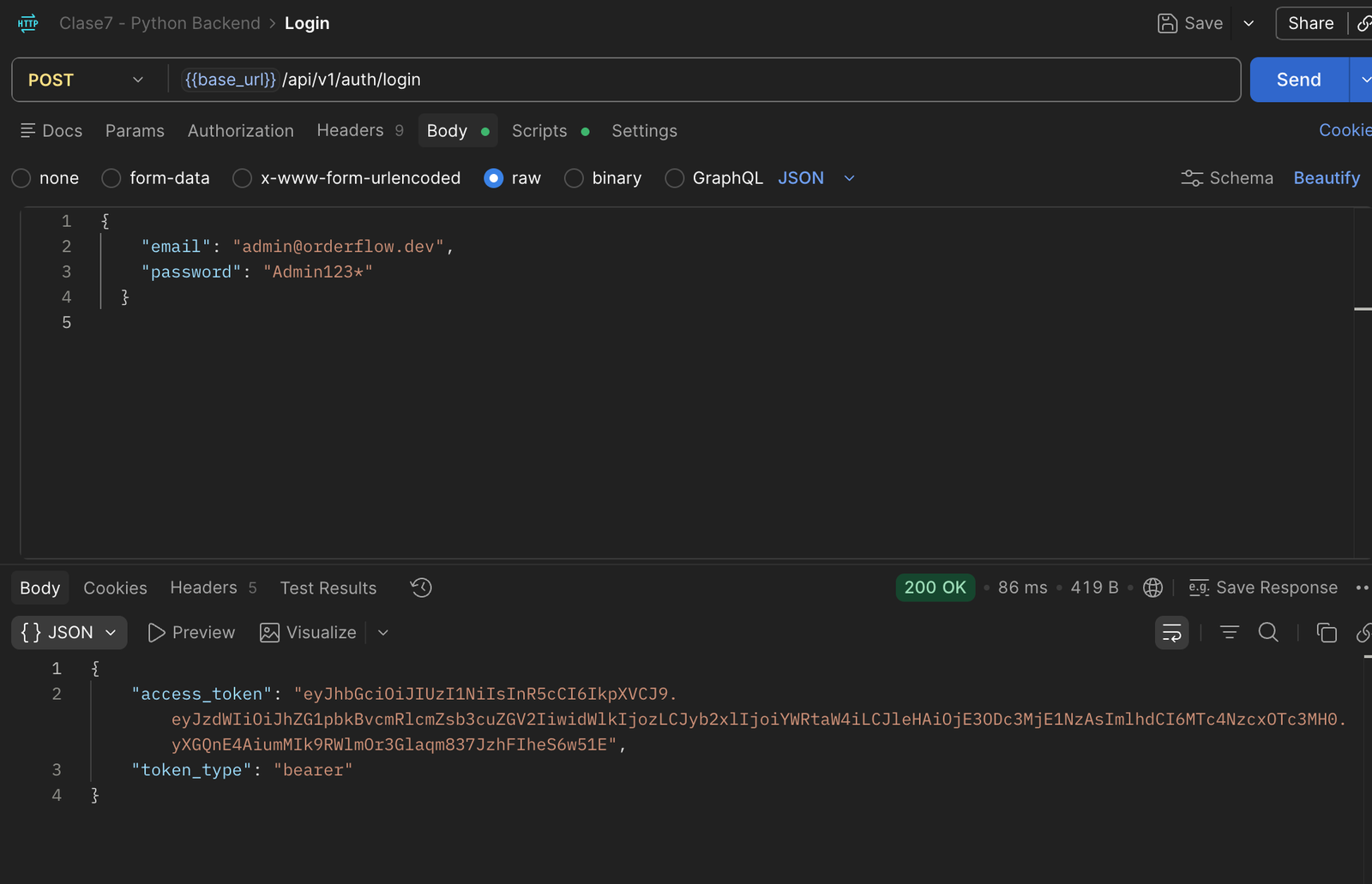 Request POST /api/v1/auth/login con el body email/password del admin, respuesta 200 OK con access_token y token_type bearer