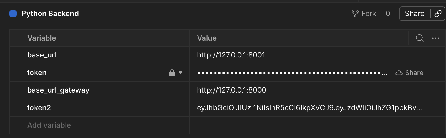 Environment de Postman con las 4 variables finales: base_url, token, base_url_gateway y token2