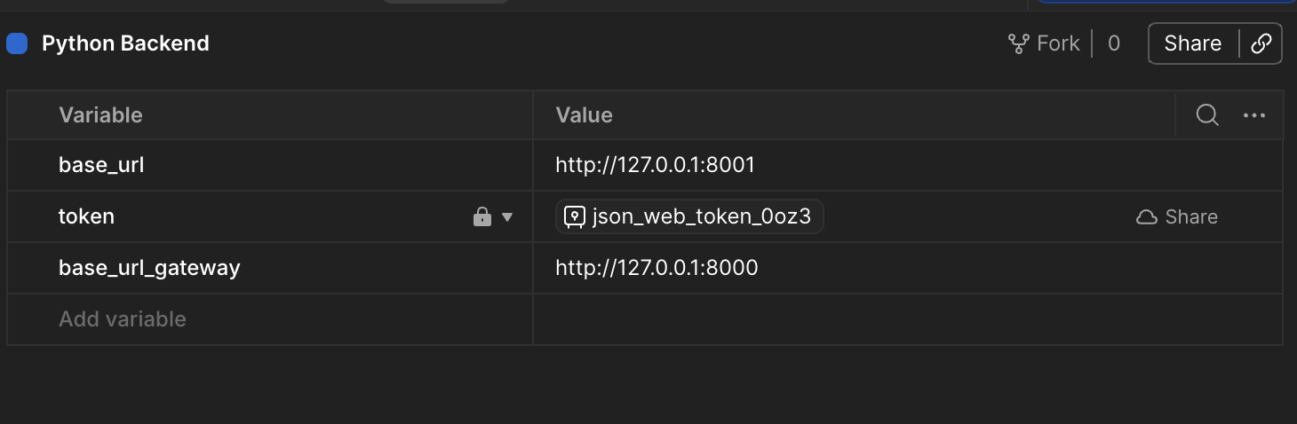 Environment de Postman con 3 variables: base_url en 8001, token, y la nueva base_url_gateway en 8000