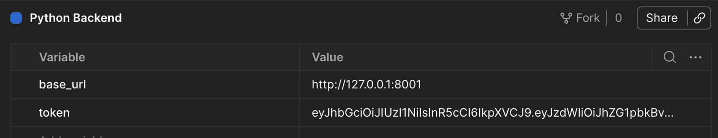 Environment de Postman con base_url en 127.0.0.1:8001 y token con un JWT real cargado