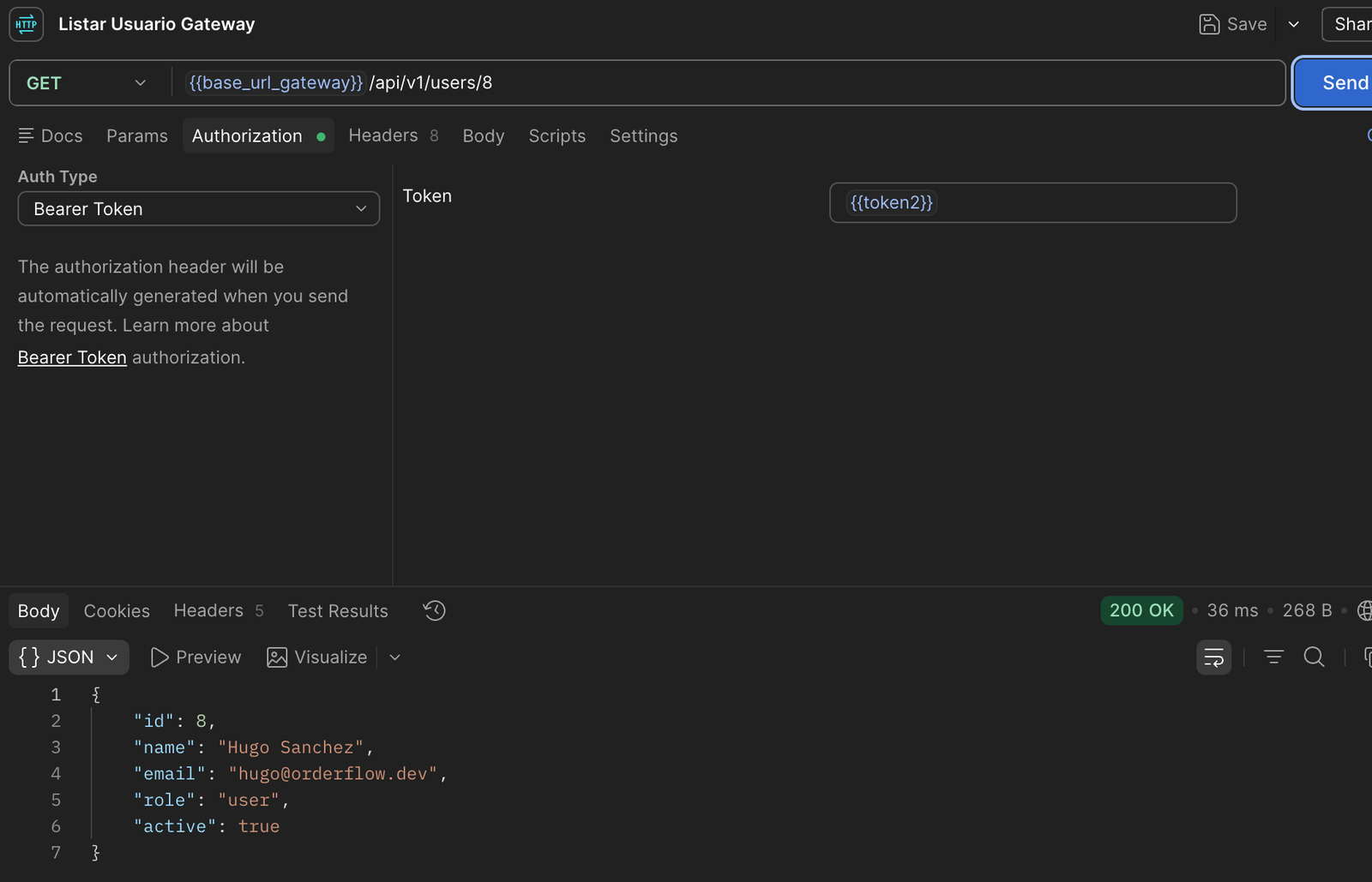 Request GET {{base_url_gateway}}/api/v1/users/8 con Bearer Token {{token2}}, respuesta 200 OK con Hugo Sanchez