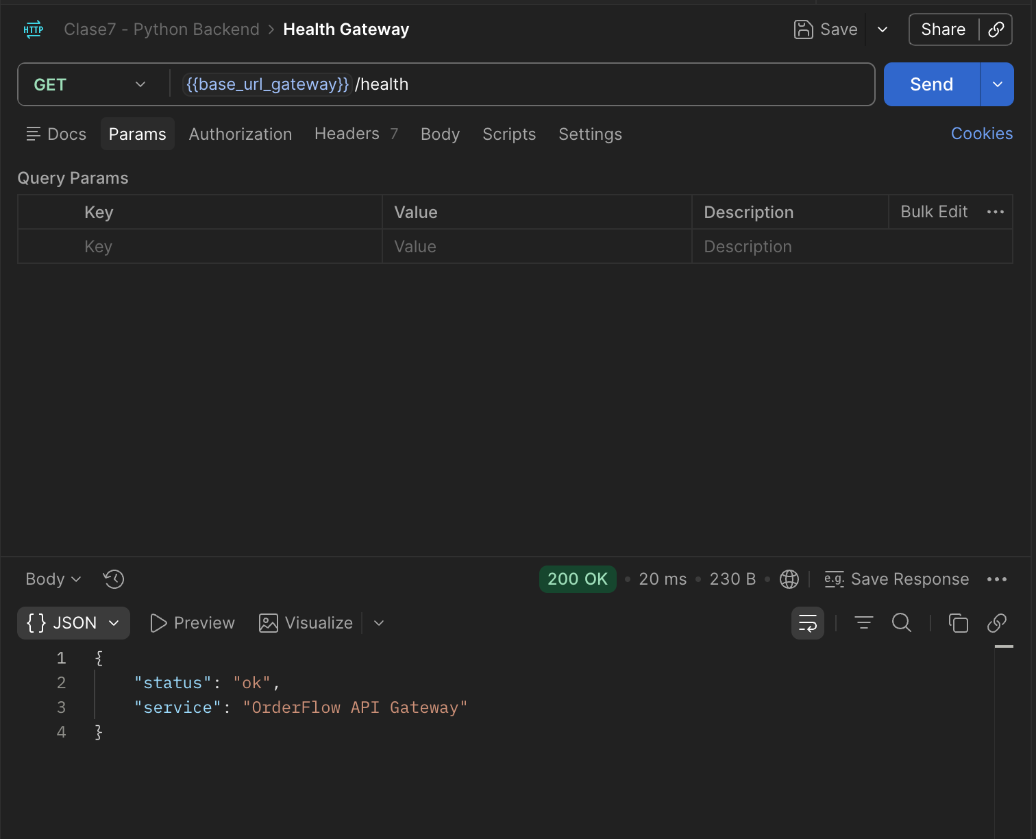 Request GET /health con {{base_url_gateway}}, respuesta 200 OK con service "OrderFlow API Gateway"
