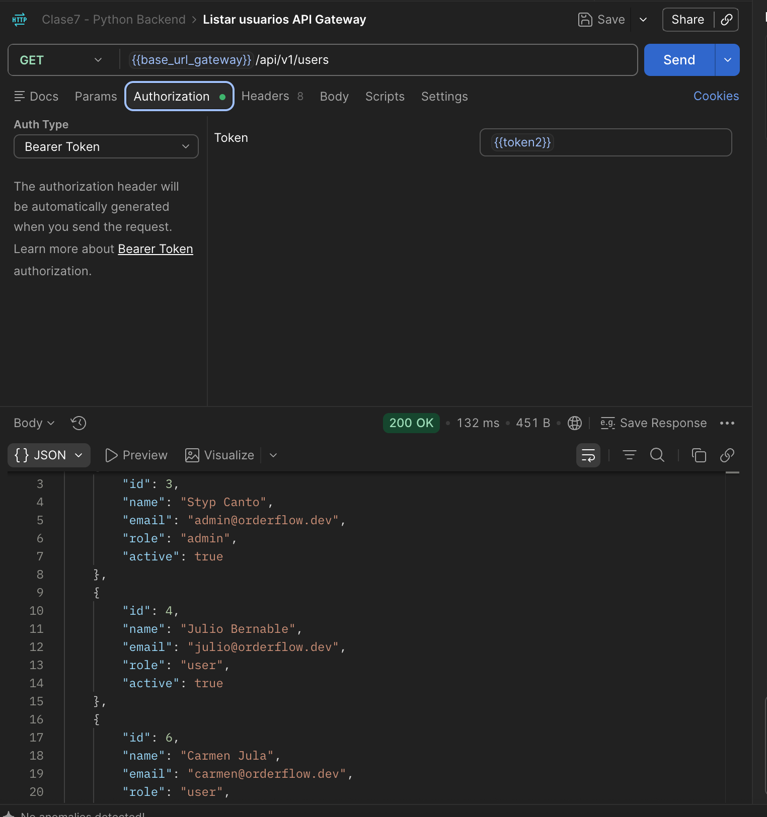 Request GET {{base_url_gateway}}/api/v1/users con Bearer Token {{token2}}, respuesta 200 OK con la lista de los 3 usuarios