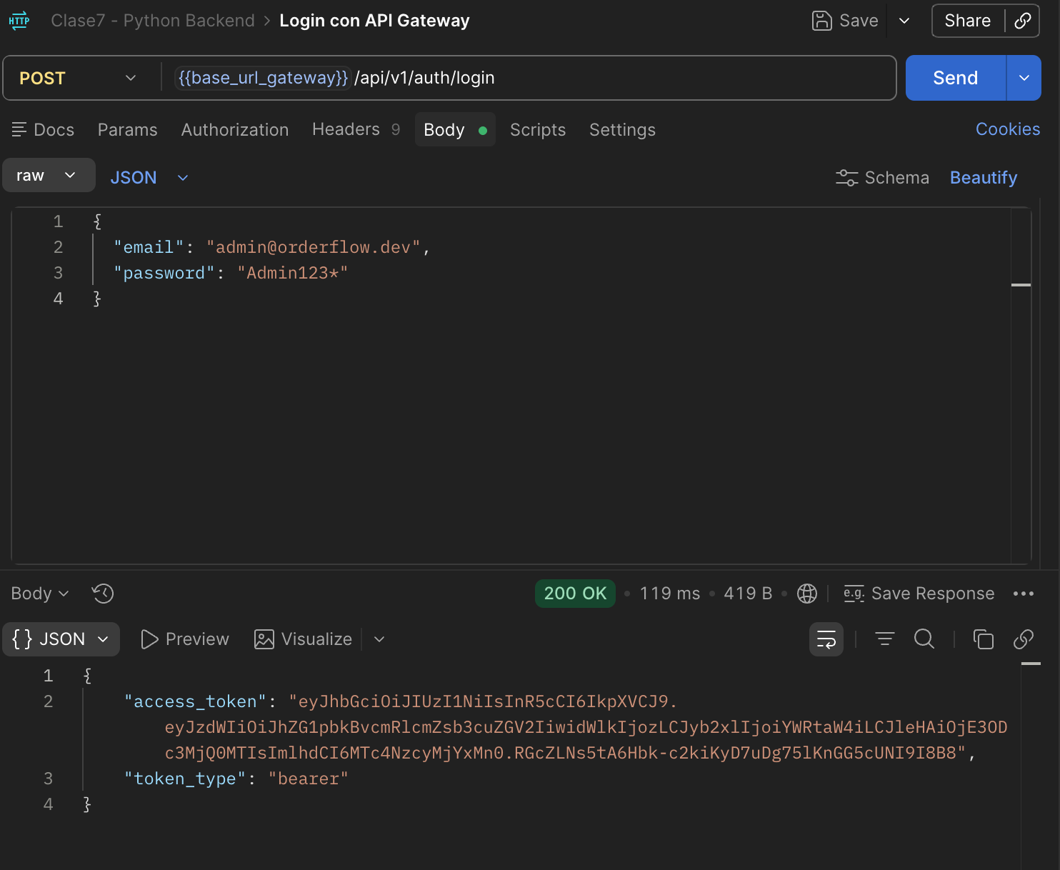 Request POST {{base_url_gateway}}/api/v1/auth/login (con /v1), respuesta 200 OK con access_token