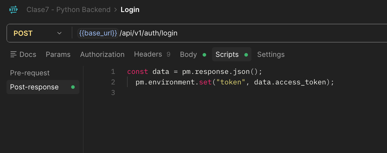 Pestaña Scripts → Post-response del request Login, con el código que guarda el access_token en la variable token del Environment