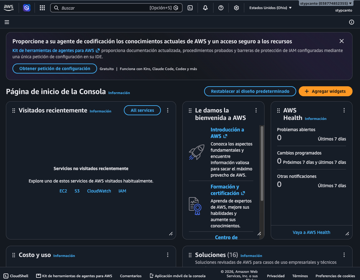 Página de inicio de la consola de AWS con una cuenta propia (stypcanto), ID de cuenta 038774852355, región Estados Unidos (Ohio), widgets "Visitados recientemente" (EC2, S3, CloudWatch, IAM), "Le damos la bienvenida a AWS" y "AWS Health"