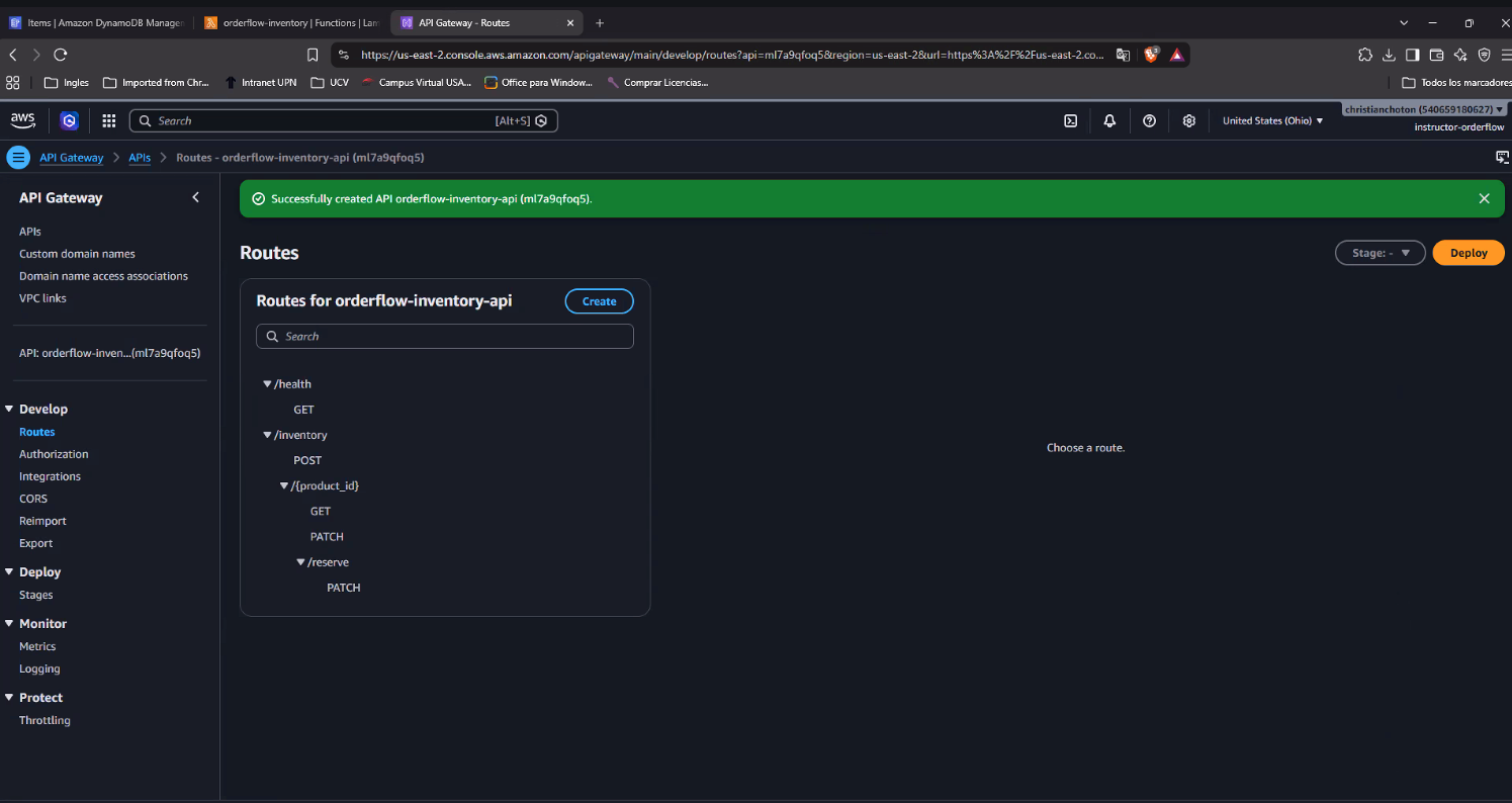 Banner verde "Successfully created API orderflow-inventory-api (ml7a9qfoq5)" y el panel Routes con el árbol de rutas: /health (GET), /inventory (POST), /{product_id} (GET, PATCH), /reserve (PATCH) — y el botón naranja Deploy arriba a la derecha, todavía sin usar
