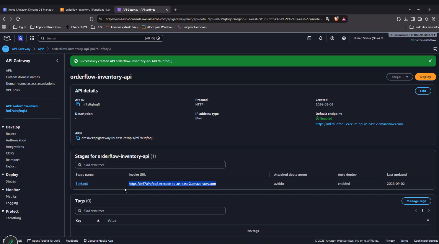 Página "API details" de orderflow-inventory-api: API ID ml7a9qfoq5, Protocol HTTP, Default endpoint Enabled con la URL https://ml7a9qfoq5.execute-api.us-east-2.amazonaws.com, y la tabla "Stages for orderflow-inventory-api (1)" con el stage $default, su Invoke URL, y "Auto deploy: enabled"