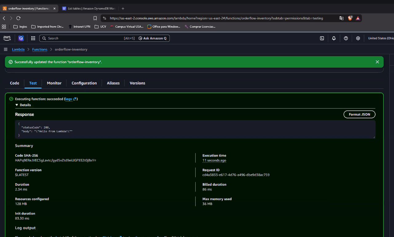 Pestañas de la función orderflow-inventory (Code | Test | Monitor | Configuration | Aliases | Versions) con "Test" activa, resultado de la ejecución: "Executing function: succeeded", Response {"statusCode": 200, "body": "Hello from Lambda!"}, y el resumen (Duration, Billed duration, Resources configured, Max memory used, Init duration, Request ID)