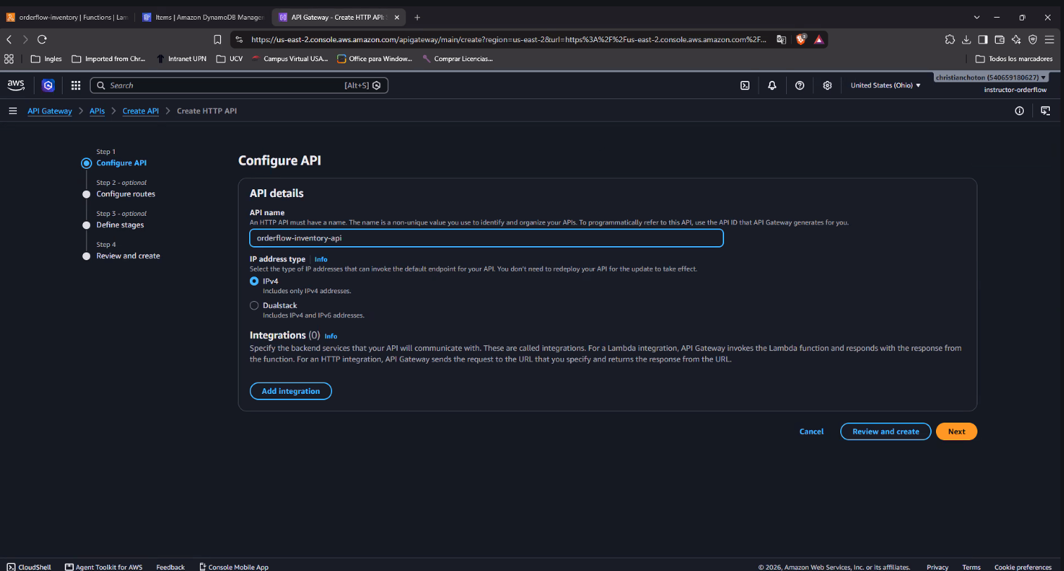 Pantalla "Configure API": API name "orderflow-inventory-api", IP address type IPv4, sección Integrations en (0) con el botón "Add integration"