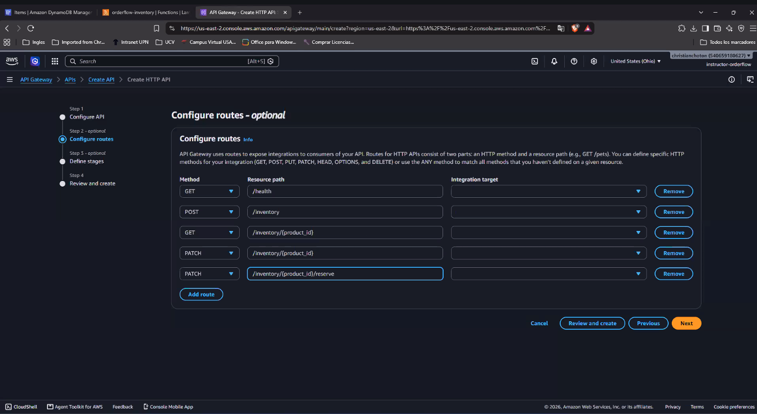 Pantalla "Configure routes" con las 5 filas (Method + Resource path) ya cargadas: GET /health, POST /inventory, GET /inventory/{product_id}, PATCH /inventory/{product_id}, PATCH /inventory/{product_id}/reserve — pero con la columna "Integration target" todavía vacía en las 5