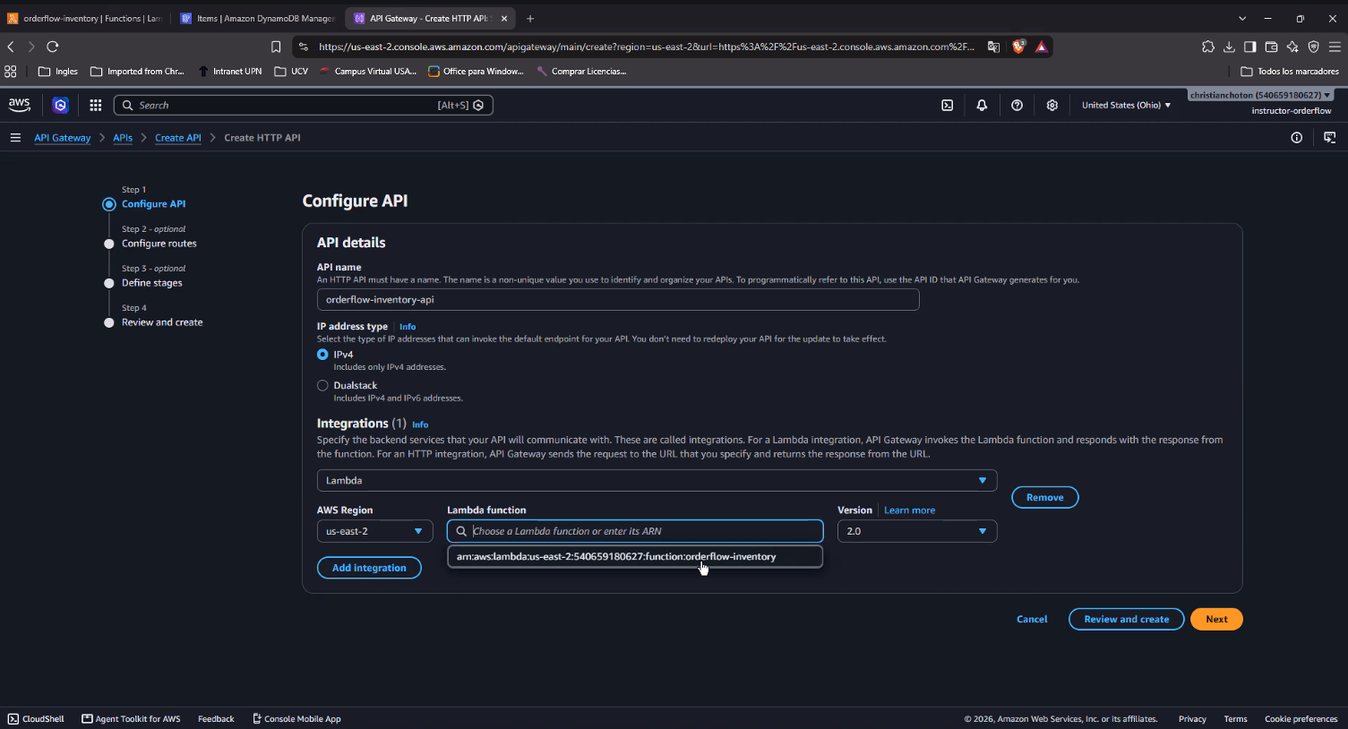 La misma pantalla con la integración ya agregada: Integrations (1), tipo Lambda, AWS Region us-east-2, Lambda function con el ARN autocompletado arn:aws:lambda:us-east-2:540659180627:function:orderflow-inventory, Version 2.0
