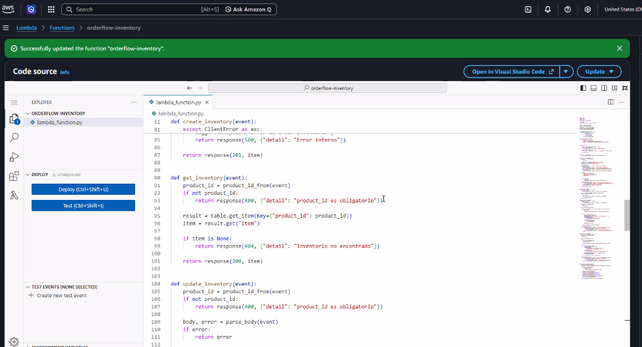 Consola de AWS Lambda, función orderflow-inventory, editor de código con lambda_function.py abierto (create_inventory, get_inventory y update_inventory visibles), banner verde "Successfully updated the function", y en la barra lateral las secciones Deploy y Test Events con el botón "Create new test event"