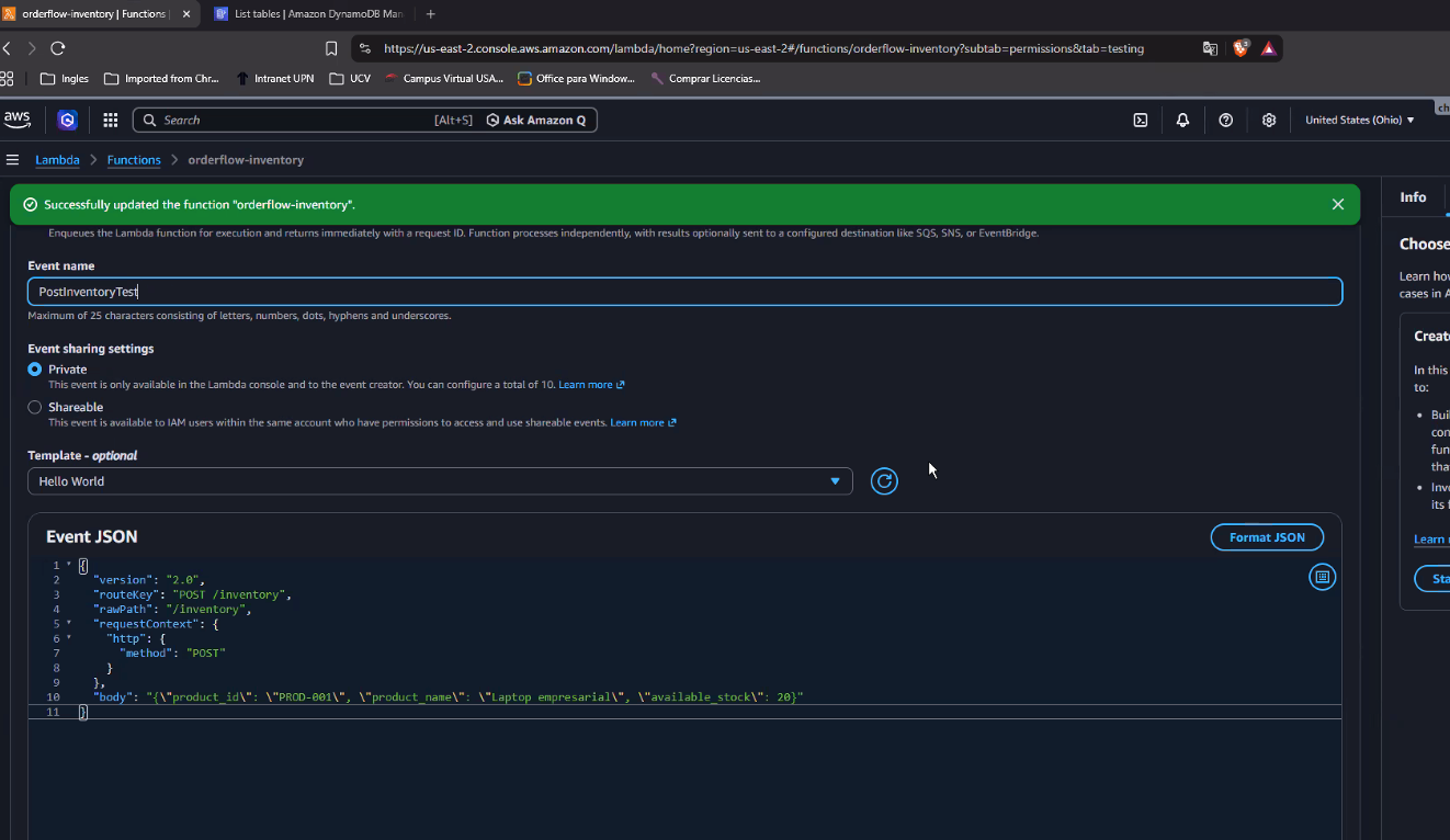 Diálogo "Create new test event" ya completo: Event name "PostInventoryTest", Event sharing settings en Private, y el Event JSON reemplazado por el contenido real de events/post_inventory.json (version 2.0, routeKey "POST /inventory", rawPath "/inventory", requestContext.http.method "POST", body con product_id PROD-001, product_name Laptop empresarial y available_stock 20)