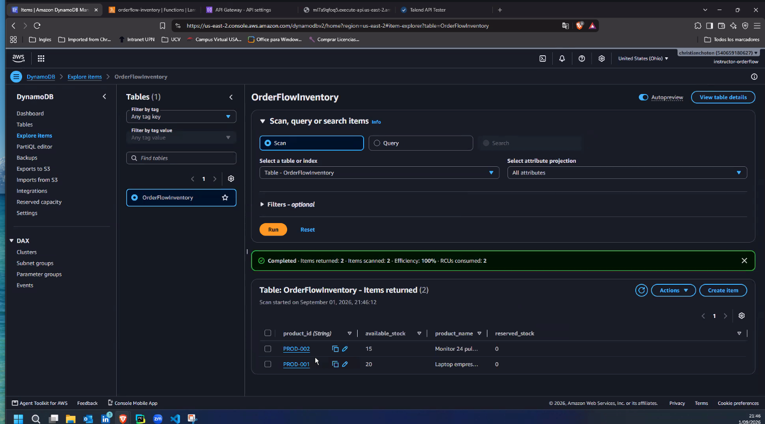 DynamoDB Explore items sobre OrderFlowInventory: Scan completado, "Items returned: 2", con las dos filas PROD-002 (available_stock 15, Monitor 24 pul..., reserved_stock 0) y PROD-001 (available_stock 20, Laptop empres..., reserved_stock 0)