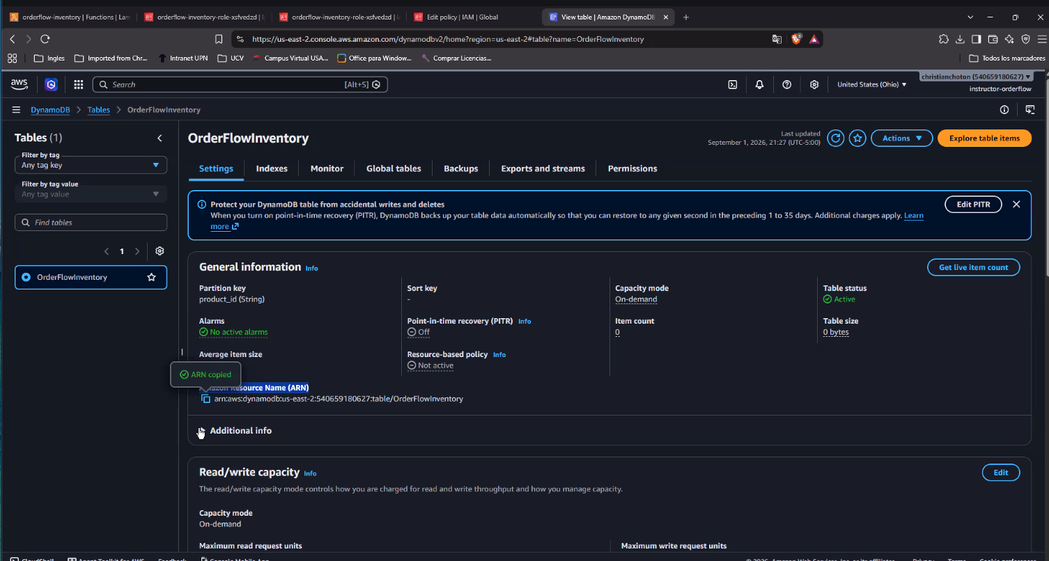 Consola de DynamoDB, tabla OrderFlowInventory, con el tooltip "ARN copied" visible y el ARN completo: arn:aws:dynamodb:us-east-2:540659180627:table/OrderFlowInventory
