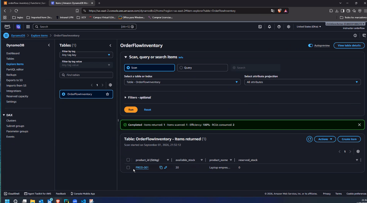 DynamoDB Explore items sobre OrderFlowInventory: Scan completado, "Items returned: 1", y la fila con product_id PROD-001, available_stock 20, product_name Laptop empres..., reserved_stock 0