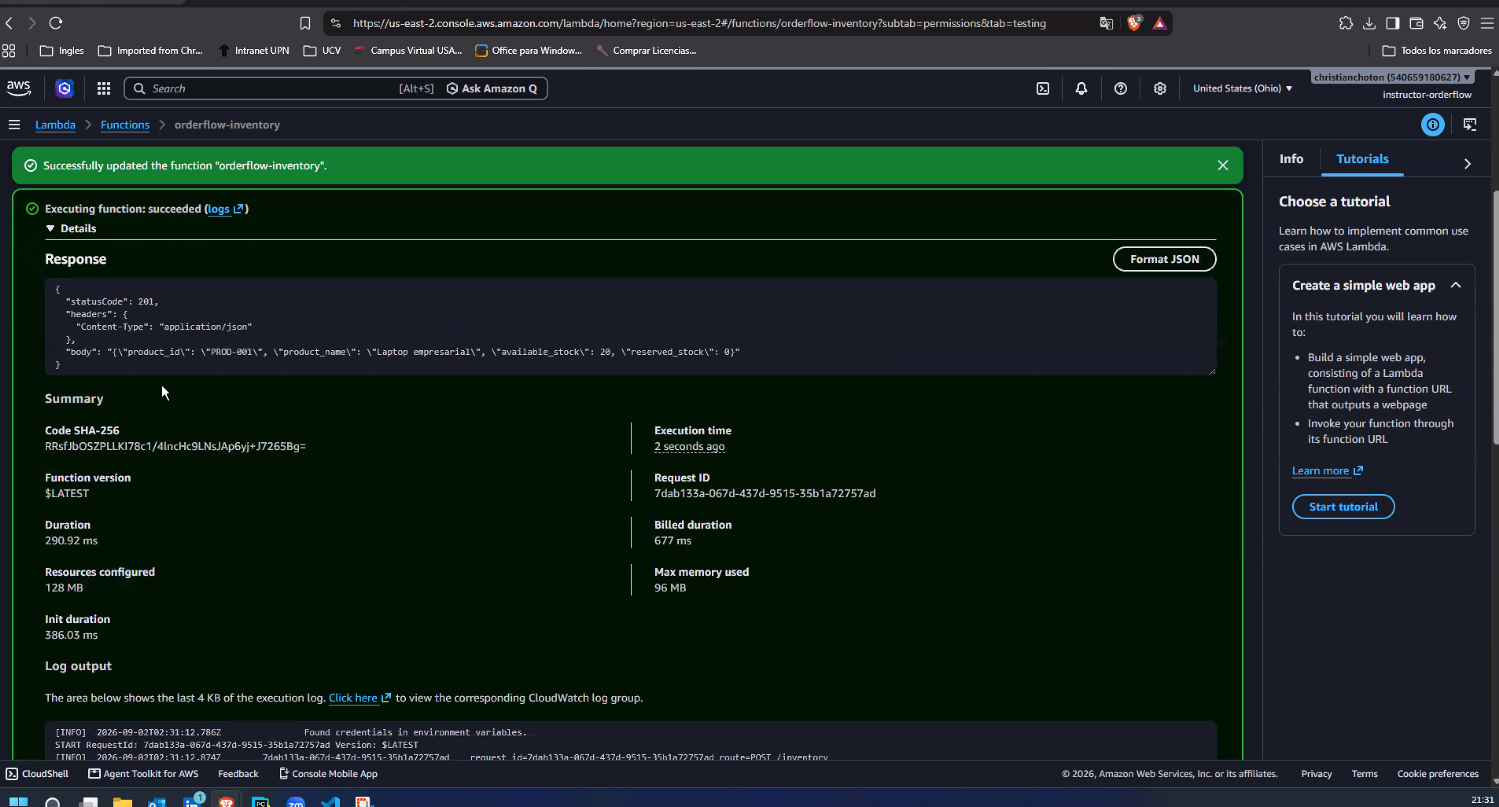 Consola de AWS Lambda en us-east-2, "Executing function: succeeded", Response con statusCode 201 y el item creado: product_id PROD-001, product_name Laptop empresarial, available_stock 20, reserved_stock 0