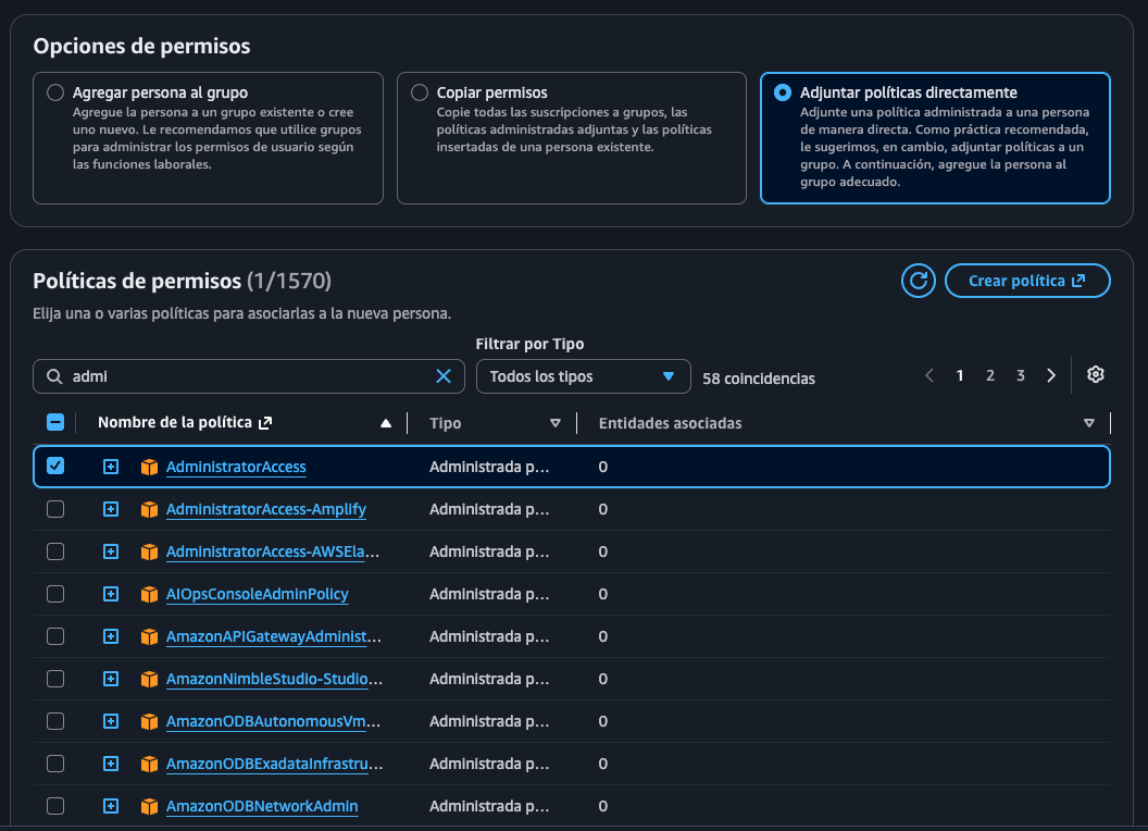Buscador de políticas filtrado por "admi" (58 coincidencias), con el checkbox de AdministratorAccess marcado (fila resaltada en azul) y el contador "Políticas de permisos (1/1570)" confirmando que es la única seleccionada, sin tocar las variantes con sufijo como AdministratorAccess-Amplify o AdministratorAccess-AWSElastic...