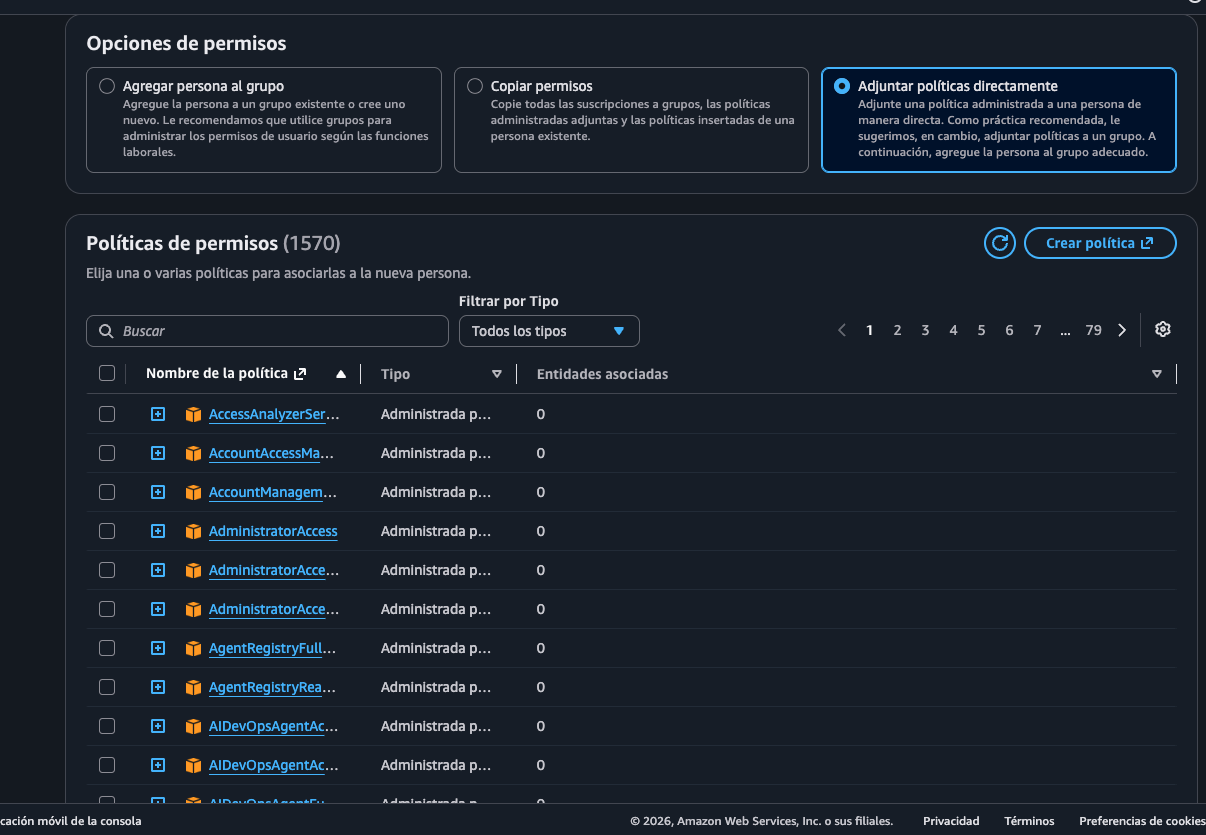 Paso 2 "Establecer permisos": tres Opciones de permisos (Agregar persona al grupo, Copiar permisos, Adjuntar políticas directamente — esta última seleccionada), tabla de Políticas de permisos (1570) con AdministratorAccess visible en la lista