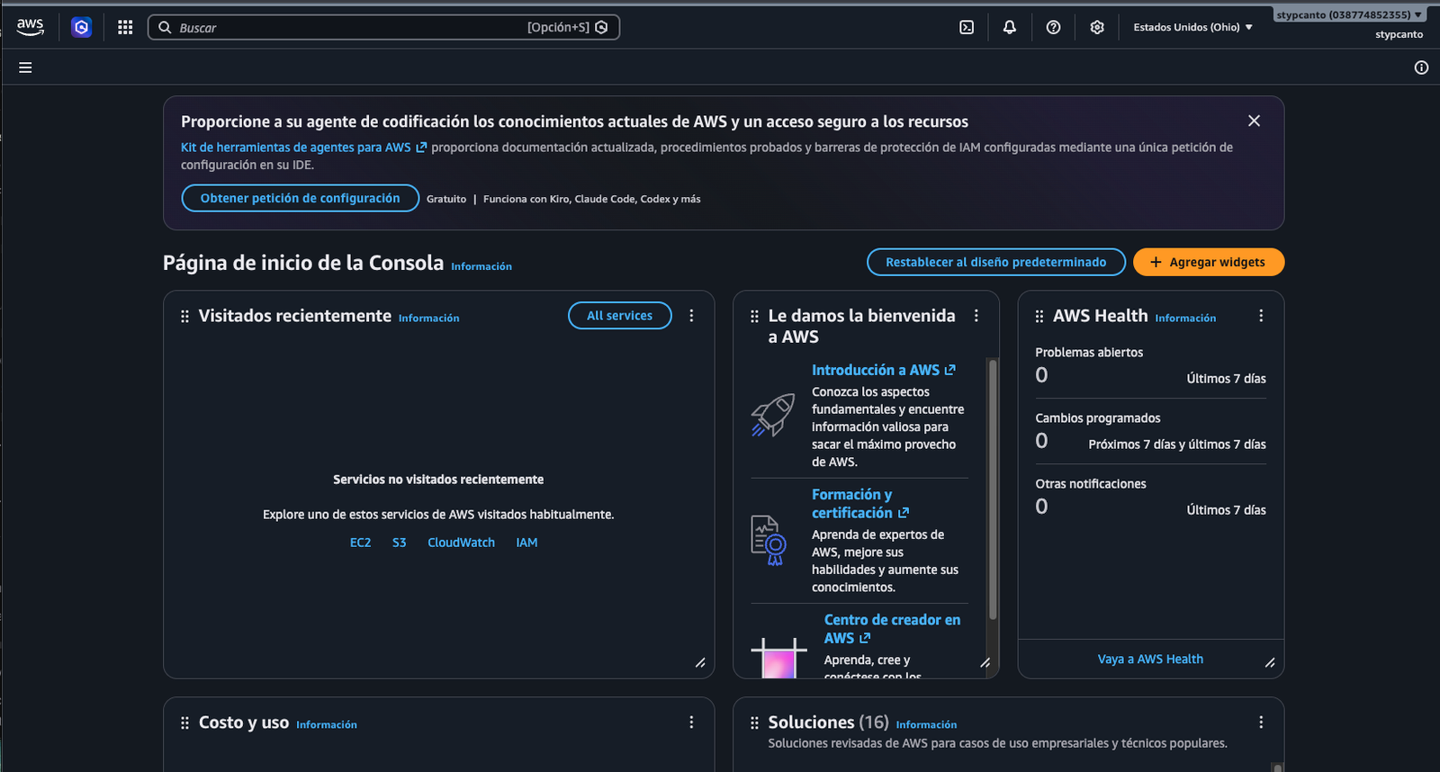 Página de inicio de la consola de AWS logueado como stypcanto, con "stypcanto (038774852355)" arriba a la derecha y "stypcanto" debajo