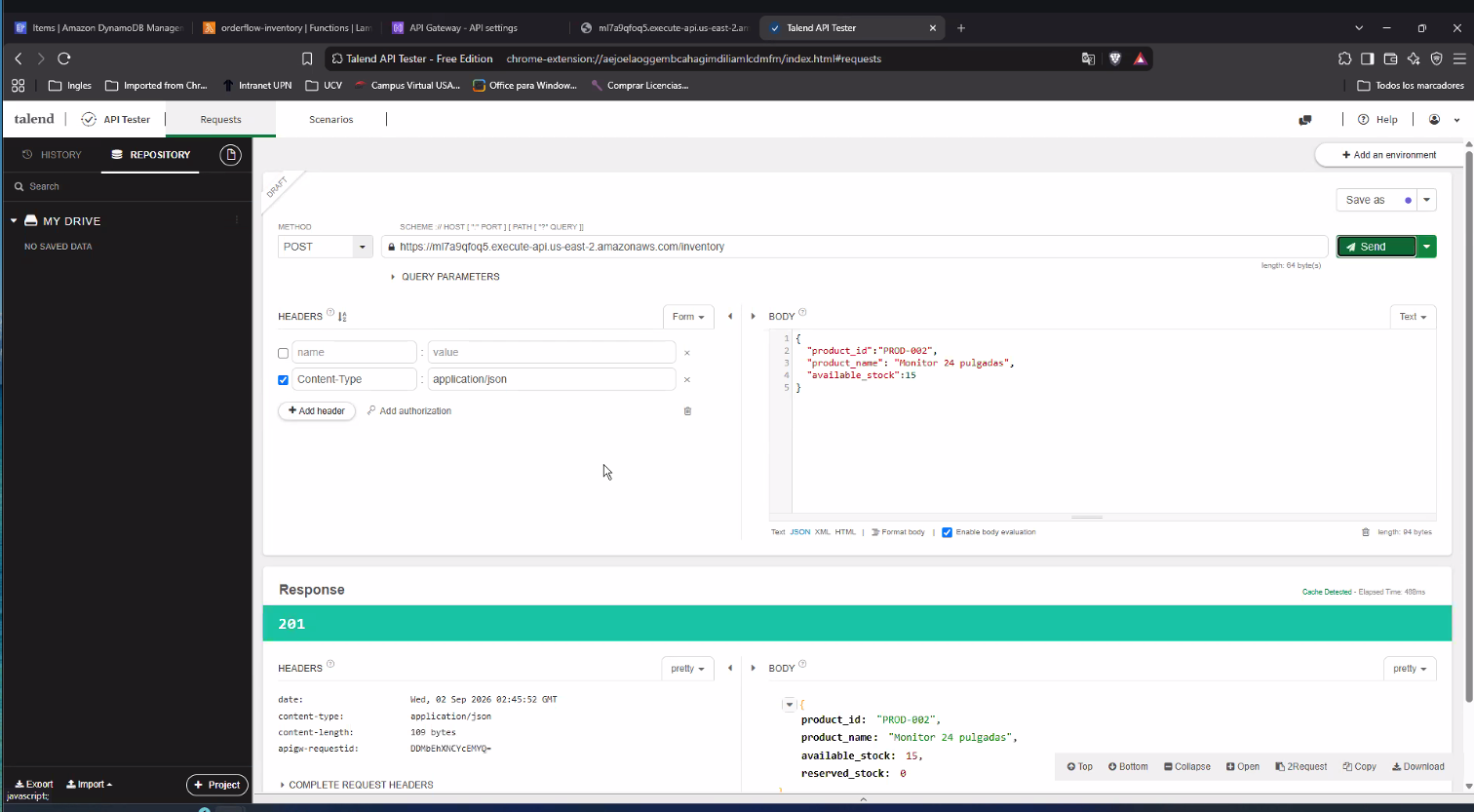 Talend API Tester: POST a https://ml7a9qfoq5.execute-api.us-east-2.amazonaws.com/inventory con header Content-Type application/json y body {"product_id":"PROD-002","product_name":"Monitor 24 pulgadas","available_stock":15} — respuesta 201 con el item creado, reserved_stock 0