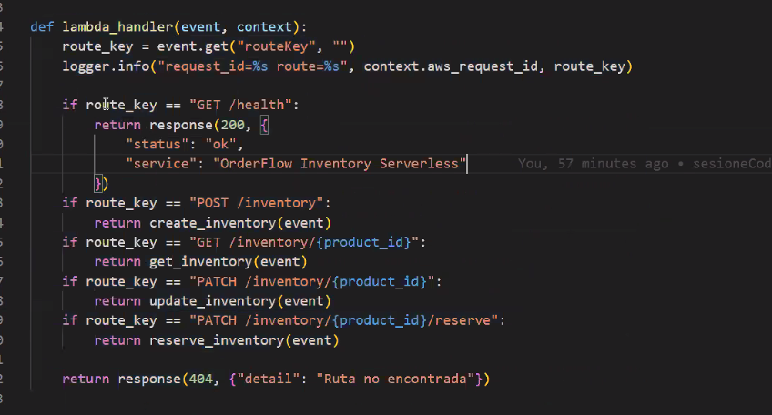 lambda_handler en VS Code con anotación de git blame ("You, 57 minutes ago"), cursor sobre "if route_key == GET /health:" — cada if de la cadena llama a una función de negocio distinta (create_inventory, get_inventory, update_inventory, reserve_inventory) según qué ruta matcheó