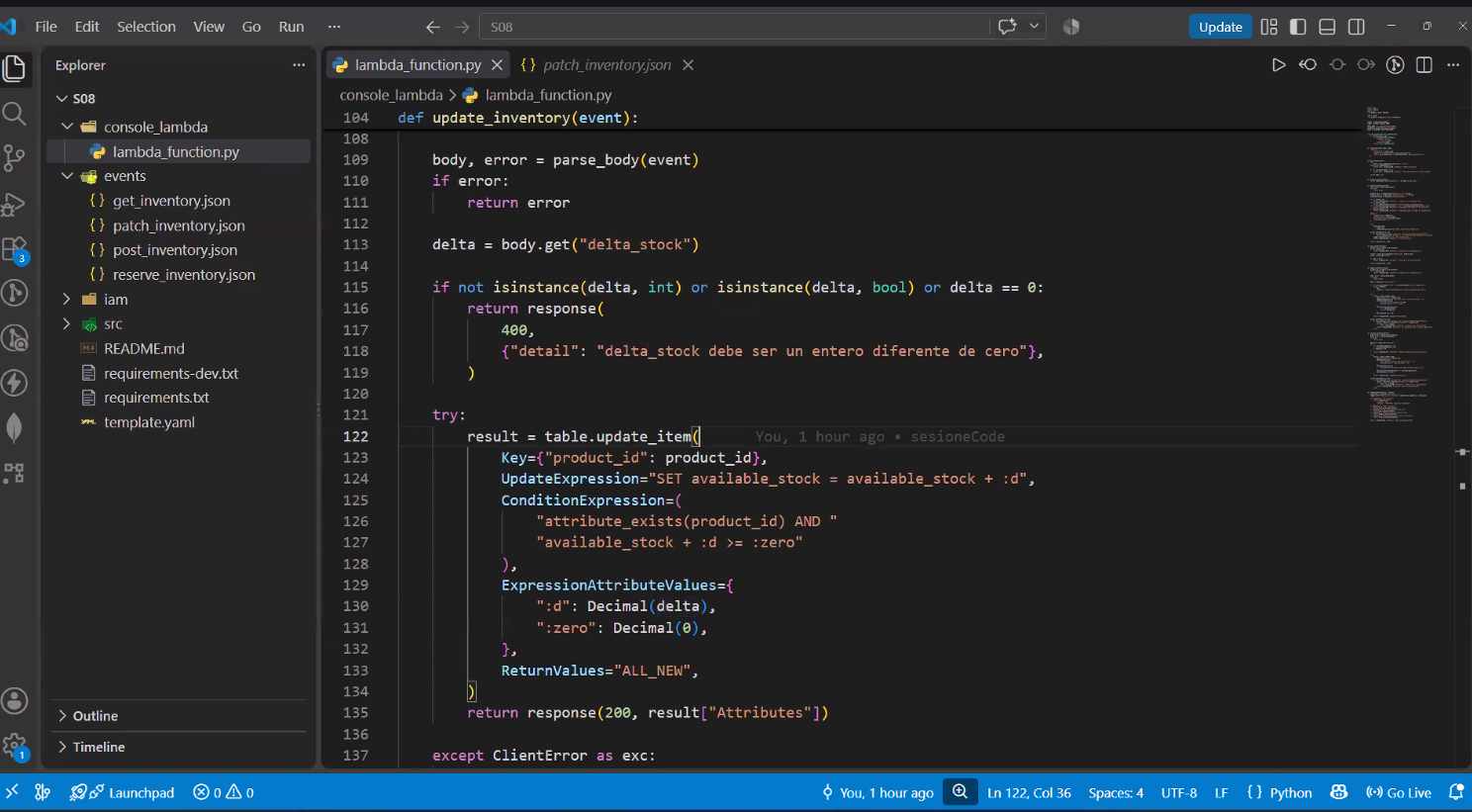 VS Code, proyecto S08 con console_lambda/lambda_function.py abierto en el Explorer (junto a events/, iam/, src/, template.yaml), función update_inventory con git blame ("You, 1 hour ago") sobre la línea "result = table.update_item(", mostrando completa la ConditionExpression con el bug: "available_stock + :d >= :zero"