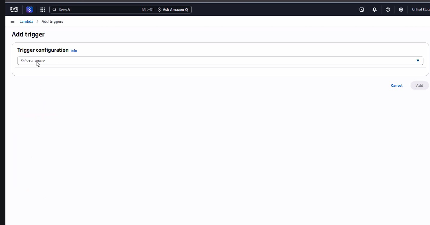 Formulario "Add trigger" de orderflow-inventory-consumer con el dropdown "Trigger configuration" en "Select a source", todavía sin elegir ninguno