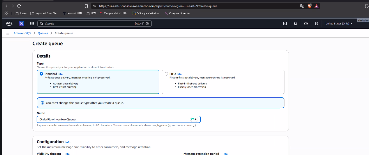 Formulario "Create queue" de Amazon SQS con Standard seleccionado ("At-least-once delivery, message ordering isn't preserved" — At-least once delivery, Best-effort ordering) frente a FIFO ("First-in-first-out delivery, message ordering is preserved" — First-in-first-out delivery, Exactly-once processing); abajo, un aviso "You can't change the queue type after you create a queue" y el campo Name con el valor "OrderFlowInventoryQueue"