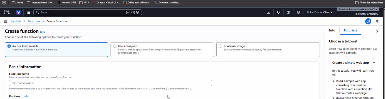 Página "Create function" de AWS Lambda con "Author from scratch" seleccionado (frente a "Use a blueprint" y "Container image"), y el panel lateral "Tutorials" abierto mostrando "Create a simple web app" como sugerencia