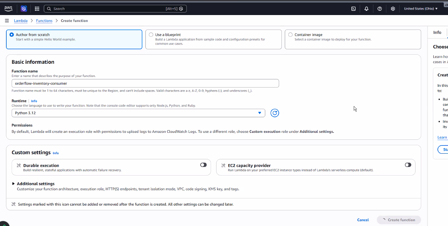 Formulario "Create function" con Author from scratch seleccionado, Function name "orderflow-inventory-consumer", Runtime Python 3.12, y la sección "Custom settings" (Durable execution y EC2 capacity provider, ambos apagados) antes de hacer clic en Create function