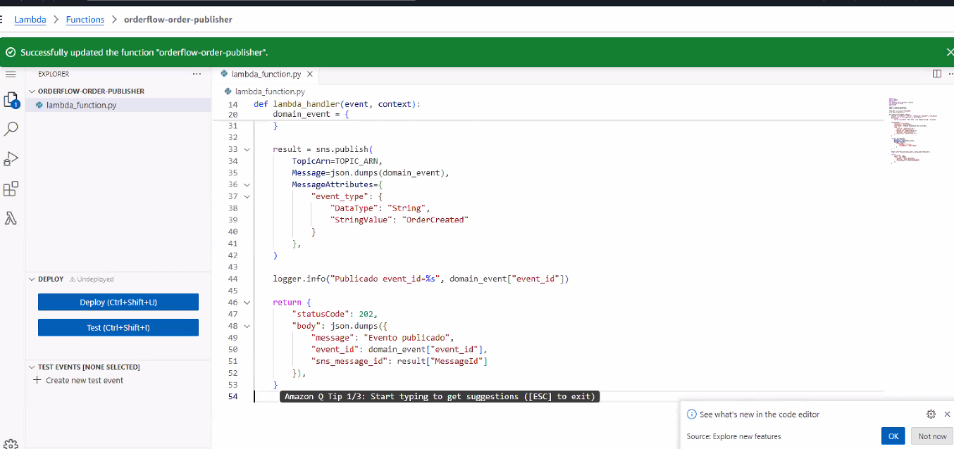 Editor inline de código de la Lambda orderflow-order-publisher con el banner verde "Successfully updated the function orderflow-order-publisher", mostrando el cuerpo de lambda_handler con el sns.publish(TopicArn=TOPIC_ARN, Message=json.dumps(domain_event), MessageAttributes={...}) y el return con statusCode 202; abajo, los botones Deploy, Test y la sección "TEST EVENTS [NONE SELECTED]" con "Create new test event"