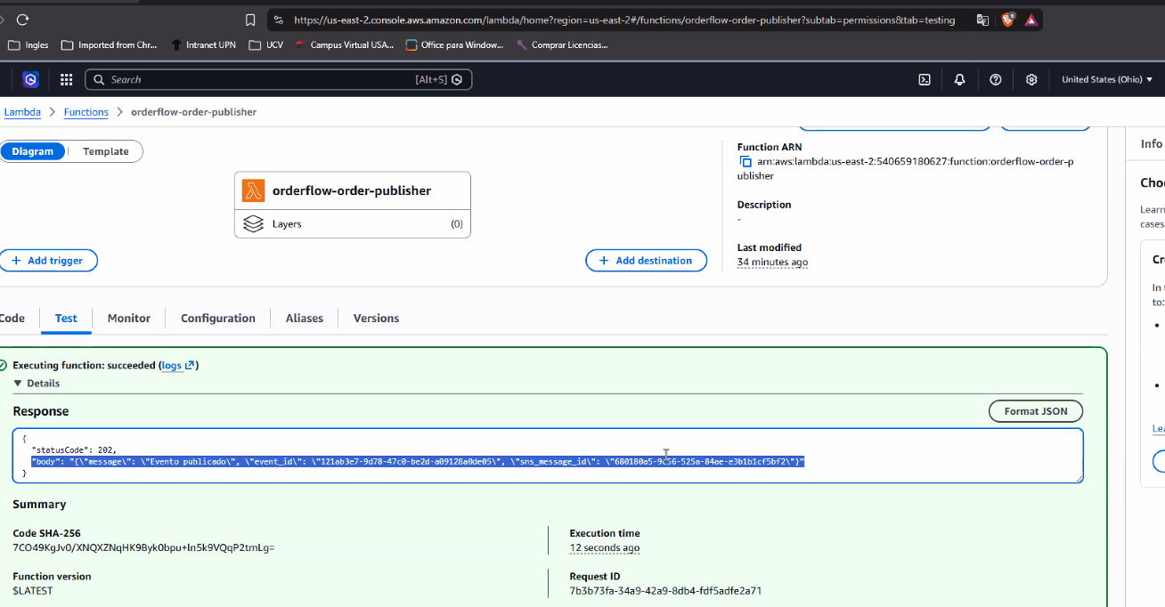 Pestaña Test de orderflow-order-publisher con el banner verde "Executing function: succeeded (logs)", la sección Response mostrando el JSON {"statusCode": 202, "body": "{message: Evento publicado, event_id: 121ab3e7-9d78-47c0-be2d-a09128a0de05, sns_message_id: 680180a5-9c56-525a-84ae-e3b1b1cf5bf2}"}, y el Summary con Execution time "12 seconds ago" y Request ID