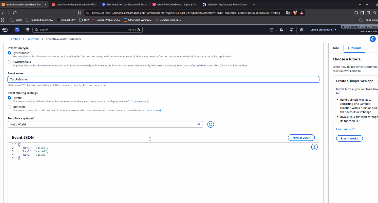 Formulario "Configure test event" de orderflow-order-publisher, con Invocation type en Synchronous, Event name "TestPublisher", Event sharing settings en Private, Template "Hello World", y el Event JSON todavía con el placeholder de ejemplo ({"key1": "value1", "key2": "value2", "key3": "value3"}) sin reemplazar