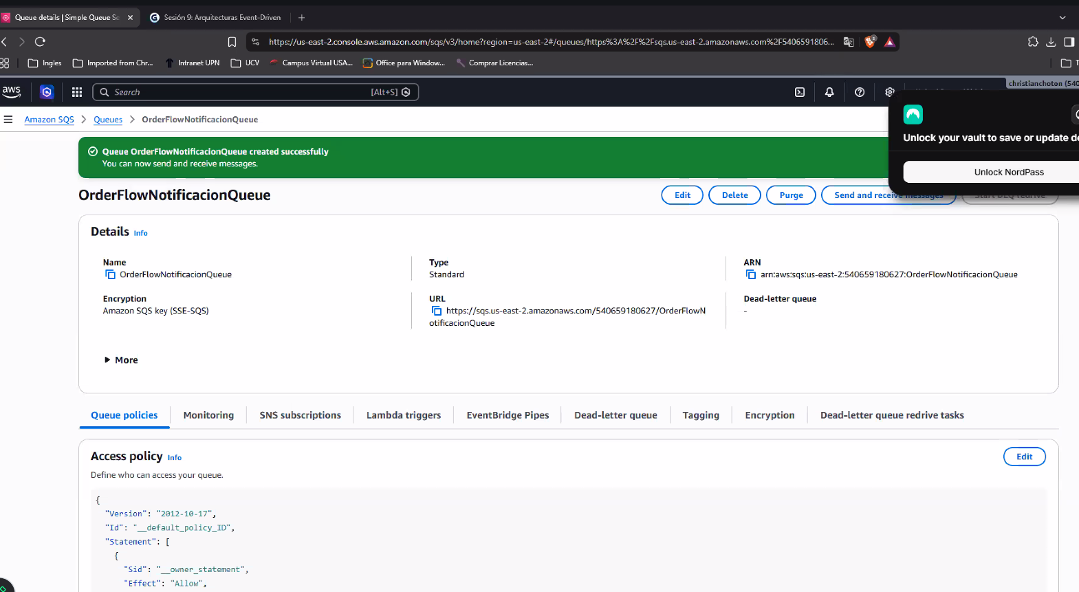 Confirmación "Queue OrderFlowNotificacionQueue created successfully" con los detalles: Name OrderFlowNotificacionQueue, Type Standard, ARN arn:aws:sqs:us-east-2:540659180627:OrderFlowNotificacionQueue, Encryption Amazon SQS key (SSE-SQS), URL https://sqs.us-east-2.amazonaws.com/540659180627/OrderFlowNotificacionQueue