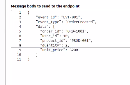 Mismo formulario con el Message body ya editado a la forma completa del domain_event: event_id "EVT-001", event_type "OrderCreated", y data con order_id, user_id, product_id, quantity y unit_price
