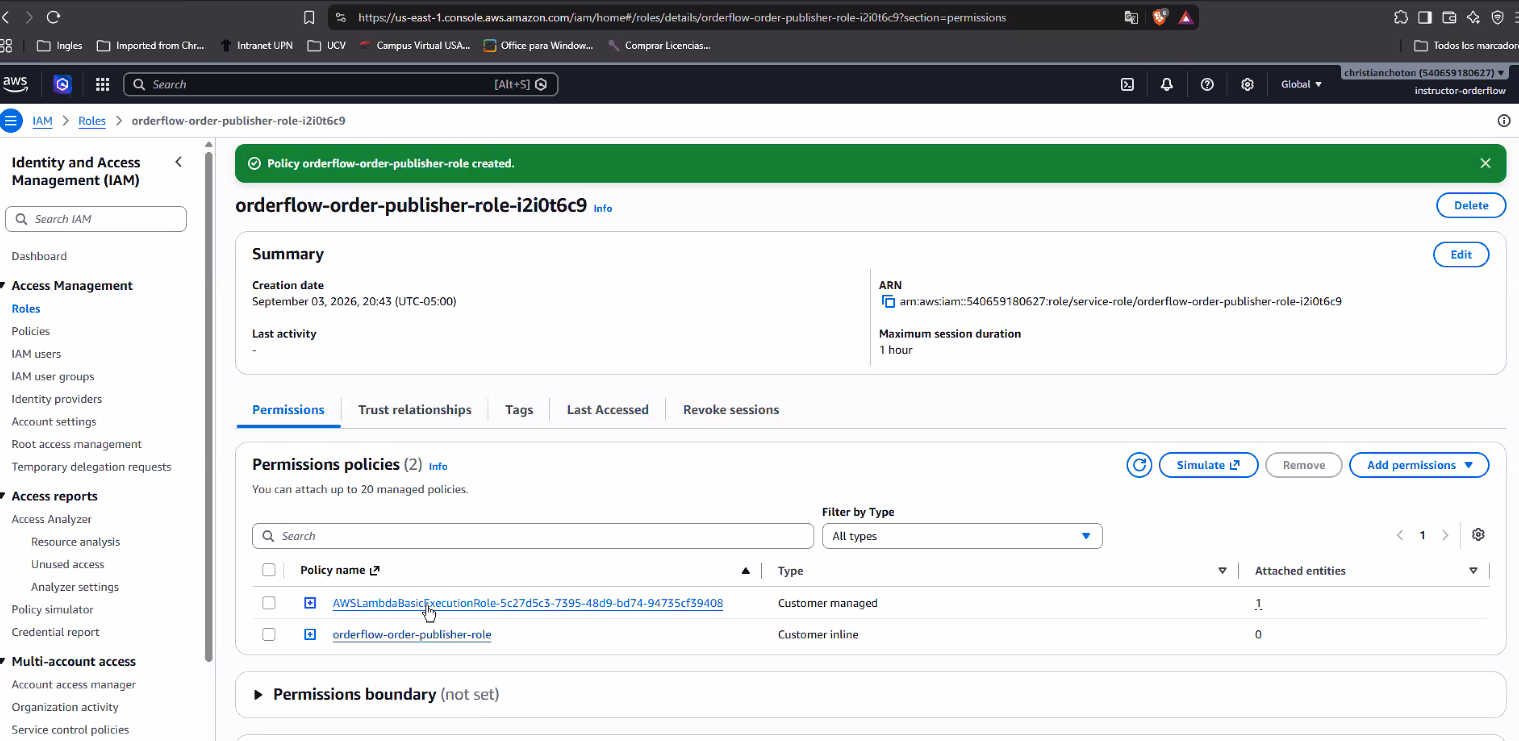 Banner verde "Policy orderflow-order-publisher-role created.", con el resumen del rol orderflow-order-publisher-role-i2i0t6c9 mostrando sus 2 Permissions policies: AWSLambdaBasicExecutionRole-... (Customer managed) y orderflow-order-publisher-role (Customer inline)